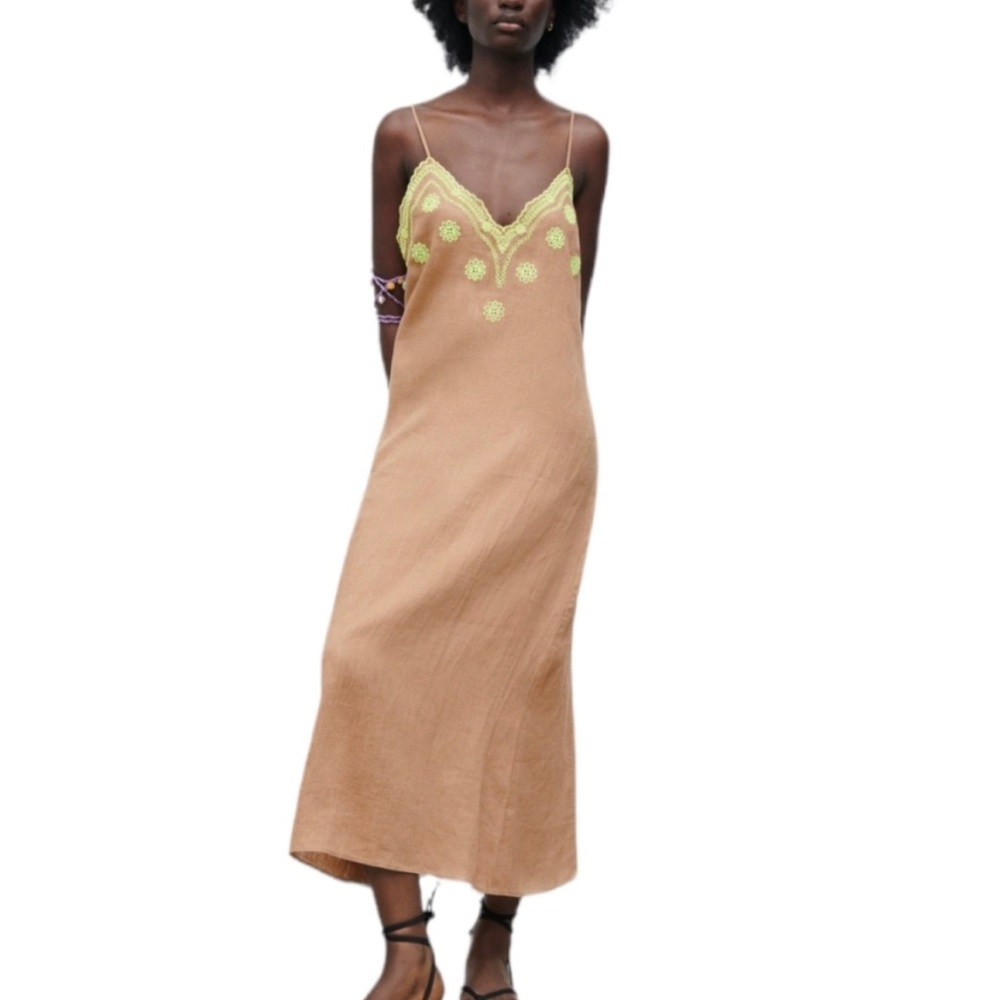 Zara Embroidered 100% Linen Brown Green Midi Dress NWT